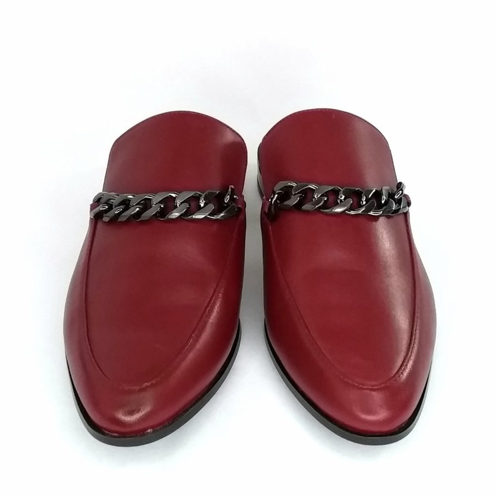 Calvin Klein Frieda Mule In Cherry Red Leather Metallic Chain Detail - Picture 4 of 9
